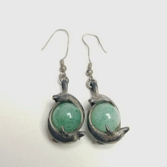 Vintage Dolphin Green Ball Dangle Earrings, Silver Tone Tarnished, 80s 90s Style - Picture 2 of 8